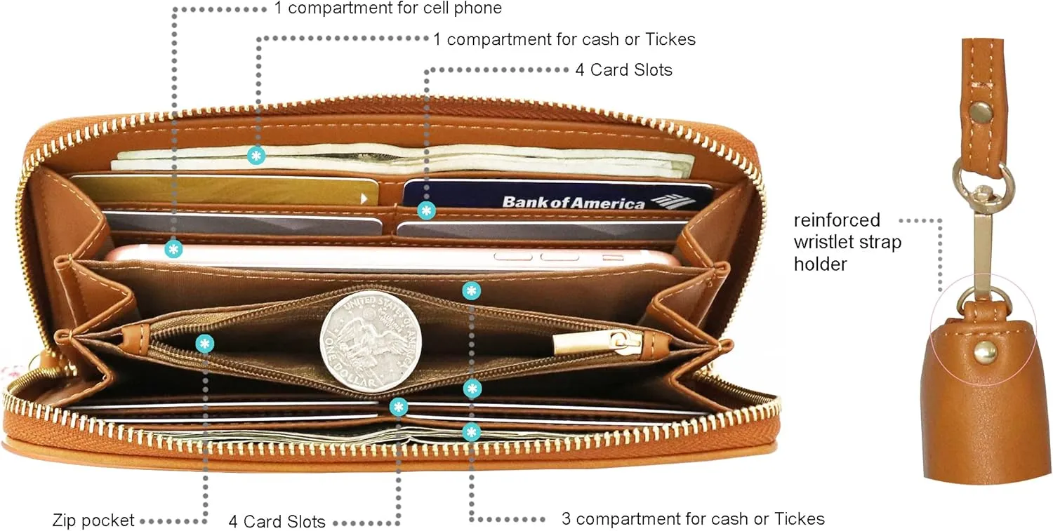 B BRENTANO Vegan Leather Slim Single-Zipper Wallet with Pocket, Wristlet and Tassel Accent (Brown)