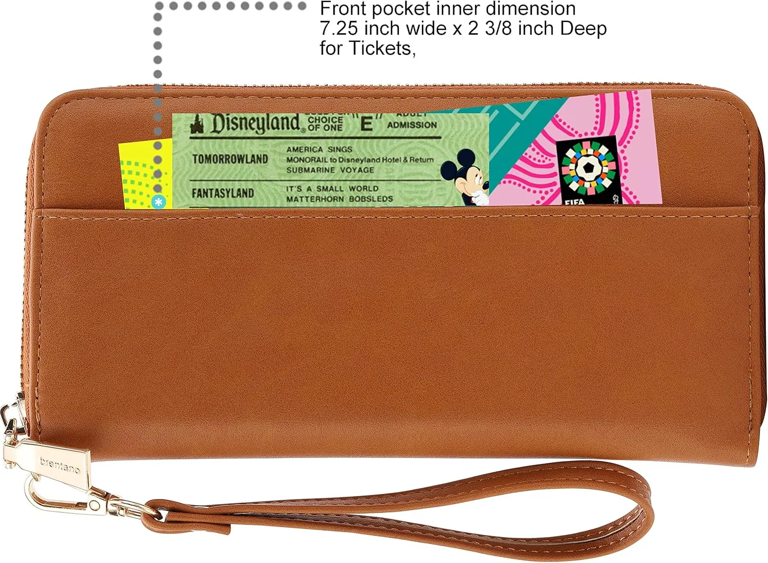 B BRENTANO Vegan Leather Slim Single-Zipper Wallet with Pocket, Wristlet and Tassel Accent (Brown)