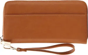 B BRENTANO Vegan Leather Slim Single-Zipper Wallet with Pocket, Wristlet and Tassel Accent (Brown)