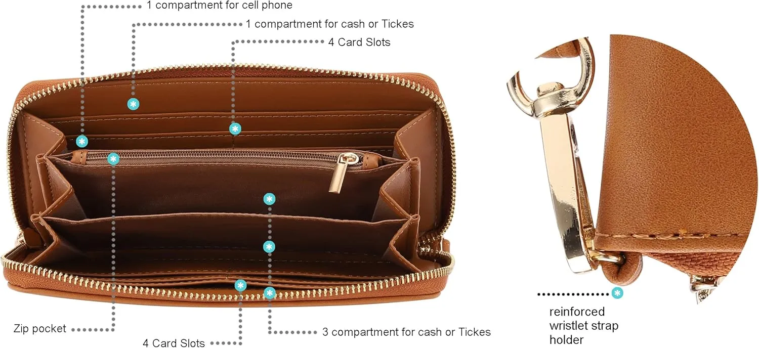 B BRENTANO Vegan Leather Slim Single-Zipper Wallet with Pocket, Wristlet and Tassel Accent (Brown)