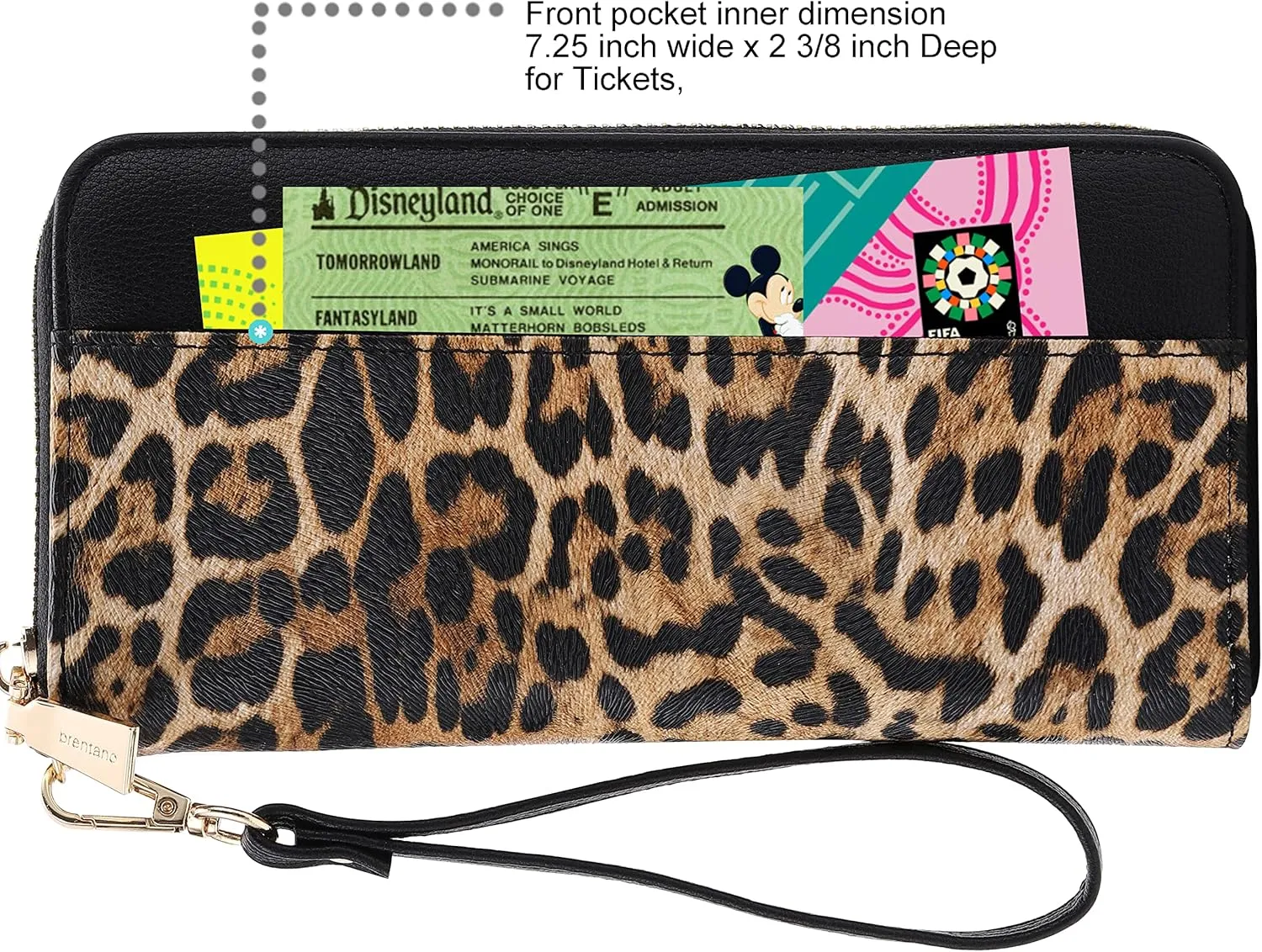 B BRENTANO Vegan Leather Slim Single-Zipper Wallet with Pocket, Wristlet and Tassel Accent (Leopard Black)