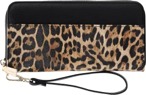 B BRENTANO Vegan Leather Slim Single-Zipper Wallet with Pocket, Wristlet and Tassel Accent (Leopard Black)