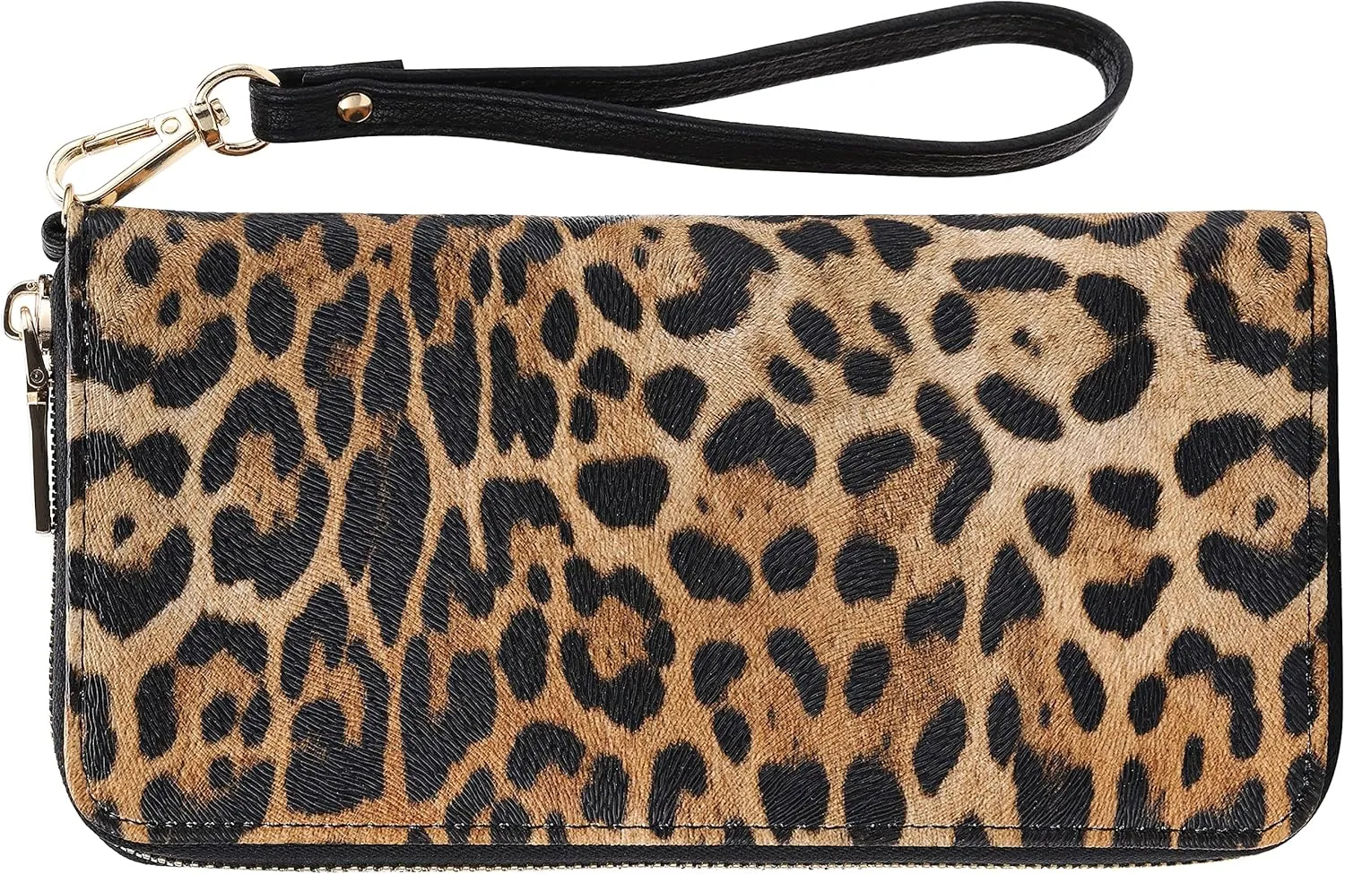 B BRENTANO Vegan Leather Slim Single-Zipper Wallet with Pocket, Wristlet and Tassel Accent (Leopard Black)