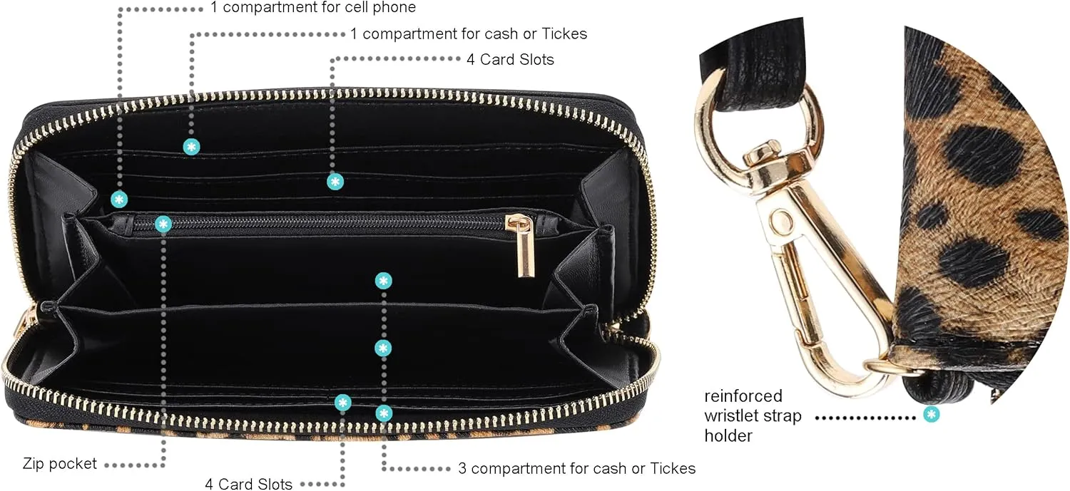 B BRENTANO Vegan Leather Slim Single-Zipper Wallet with Pocket, Wristlet and Tassel Accent (Leopard Black)
