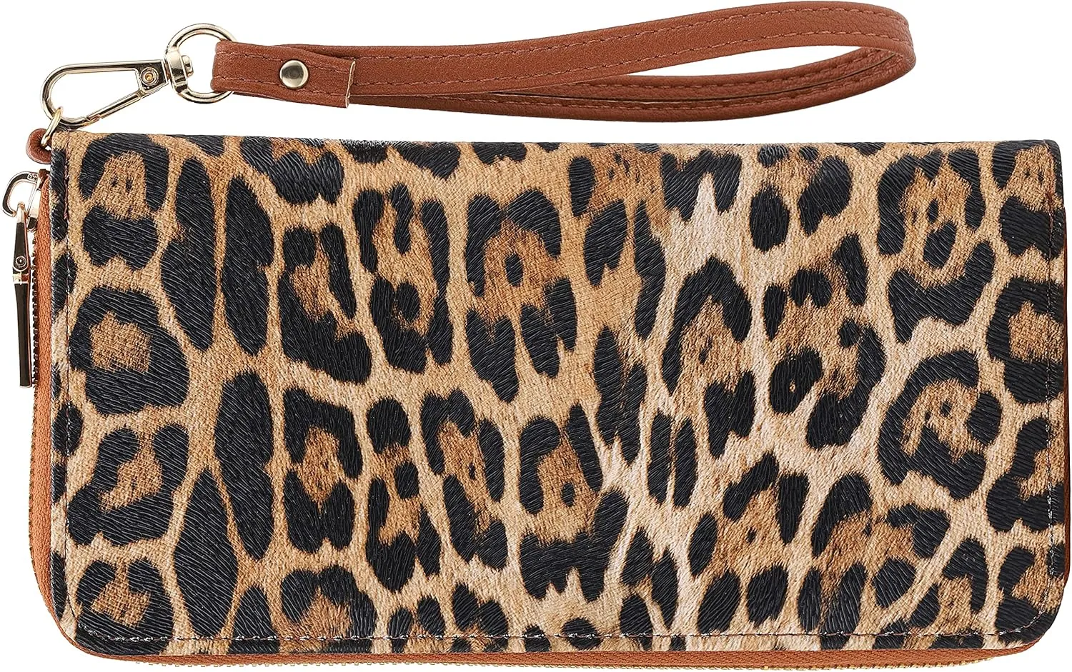 B BRENTANO Vegan Leather Slim Single-Zipper Wallet with Pocket, Wristlet and Tassel Accent (Leopard Brown)