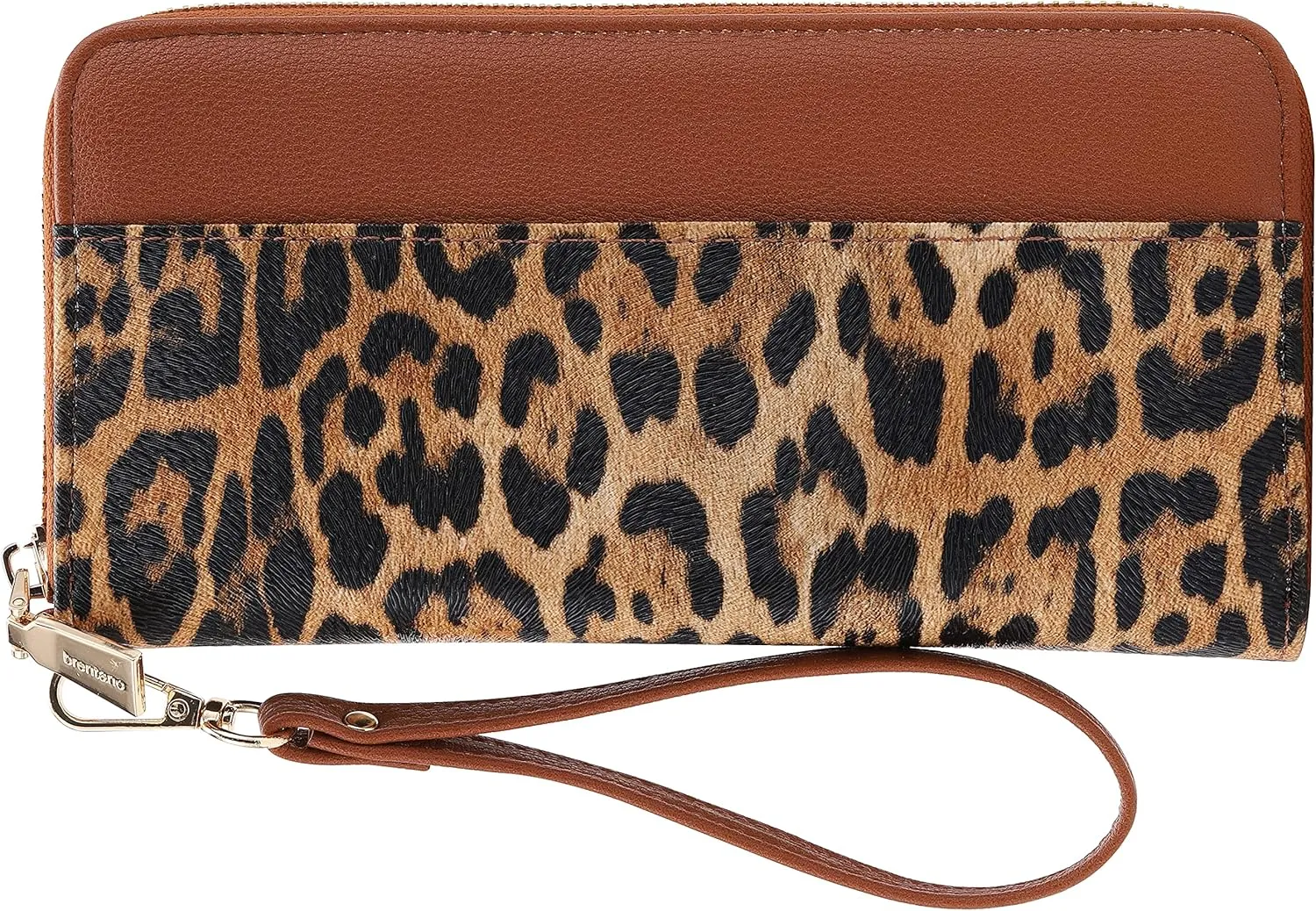 B BRENTANO Vegan Leather Slim Single-Zipper Wallet with Pocket, Wristlet and Tassel Accent (Leopard Brown)