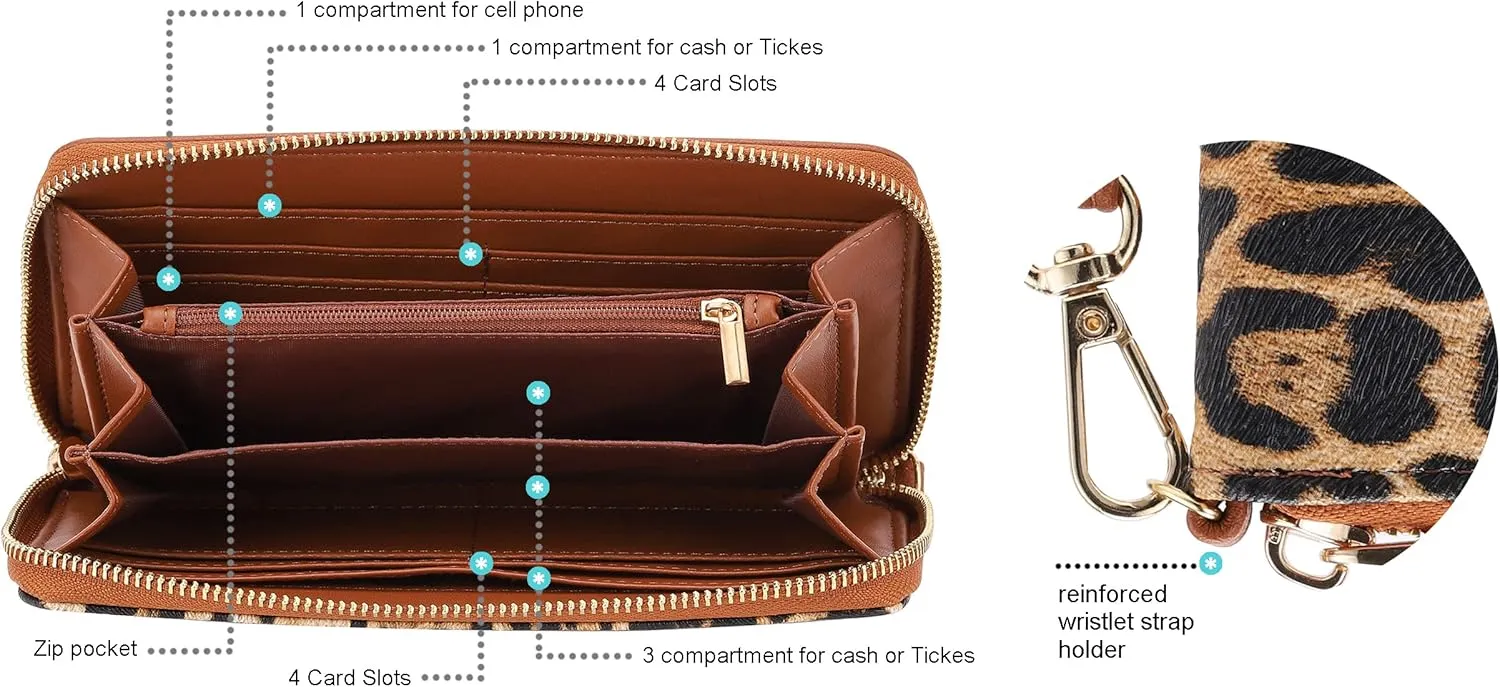 B BRENTANO Vegan Leather Slim Single-Zipper Wallet with Pocket, Wristlet and Tassel Accent (Leopard Brown)