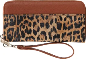 B BRENTANO Vegan Leather Slim Single-Zipper Wallet with Pocket, Wristlet and Tassel Accent (Leopard Brown)