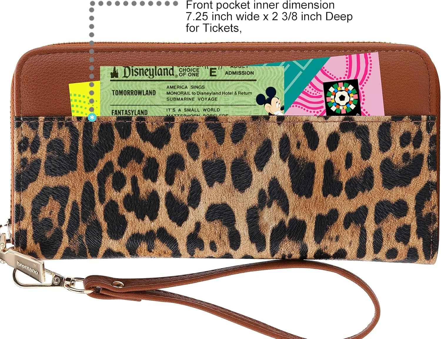 B BRENTANO Vegan Leather Slim Single-Zipper Wallet with Pocket, Wristlet and Tassel Accent (Leopard Brown)