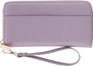 B BRENTANO Vegan Leather Slim Single-Zipper Wallet with Pocket, Wristlet and Tassel Accent (Lilac)