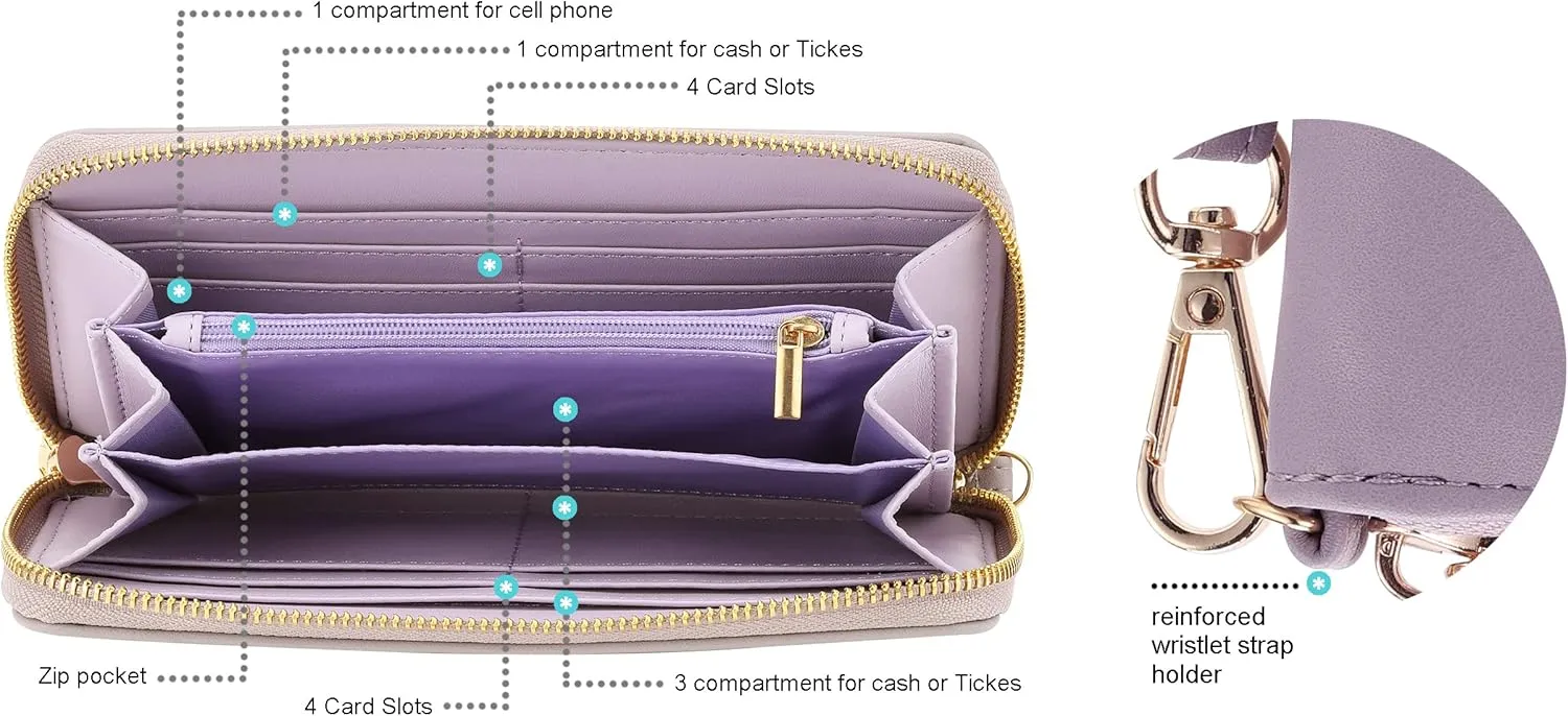 B BRENTANO Vegan Leather Slim Single-Zipper Wallet with Pocket, Wristlet and Tassel Accent (Lilac)