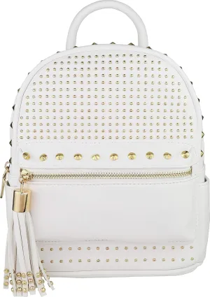 B BRENTANO Vegan Studded Mini Daypack with Tassel Accents (White)