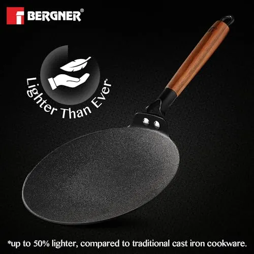BERGNER Odin 26 cm Cast Iron Roti Tawa - Wooden Handle, Enamel Finish, Induction & Gas Compatible