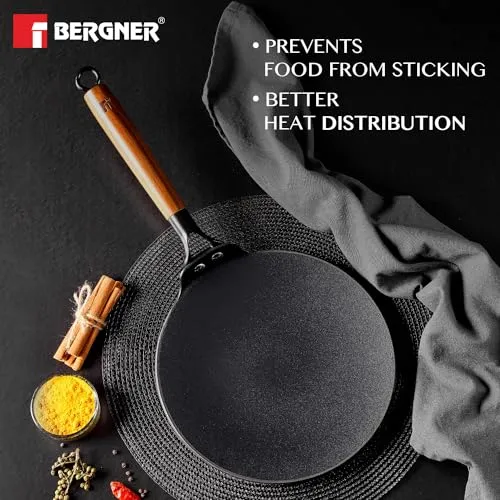 BERGNER Odin 26 cm Cast Iron Roti Tawa - Wooden Handle, Enamel Finish, Induction & Gas Compatible