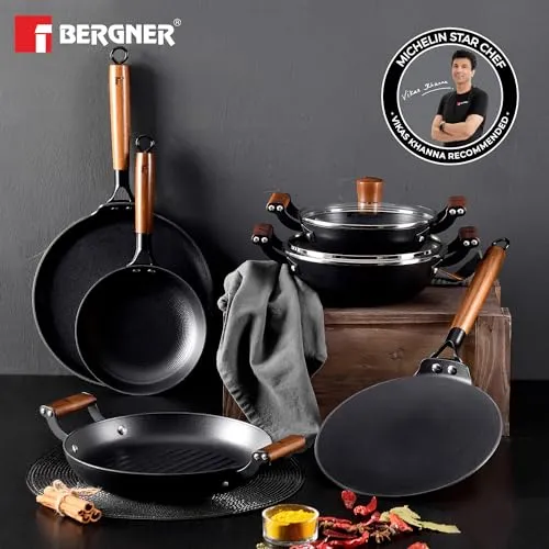 BERGNER Odin 26 cm Cast Iron Roti Tawa - Wooden Handle, Enamel Finish, Induction & Gas Compatible