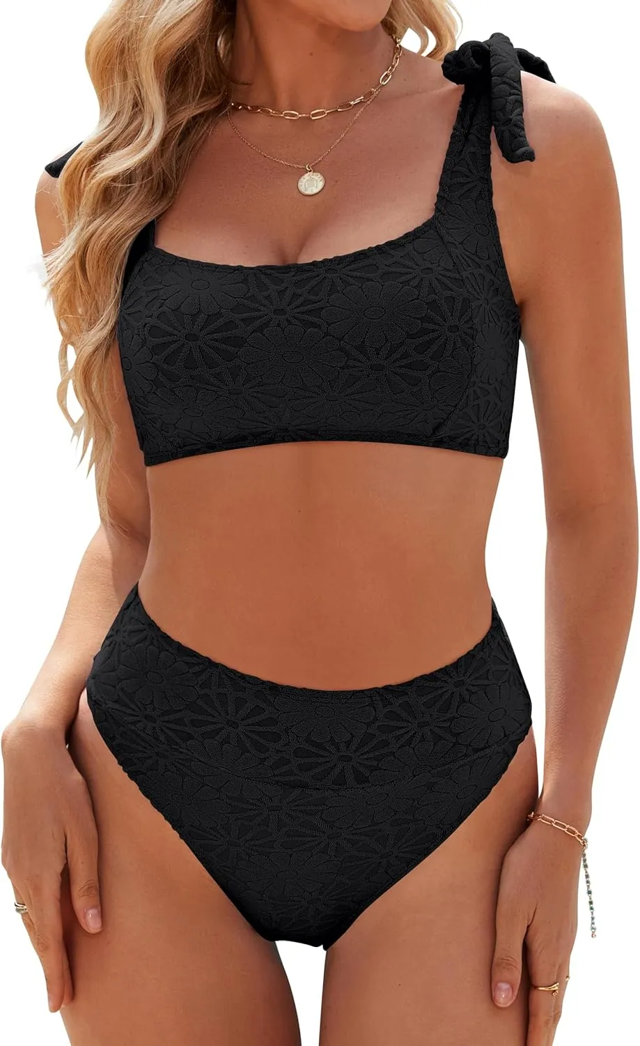 Blooming Jelly Womens High Waisted Bikini Set Tie Strap Jacquard Terry Cloth 2 Piece Swimsuit Modest Cute Retro Bathing Suit