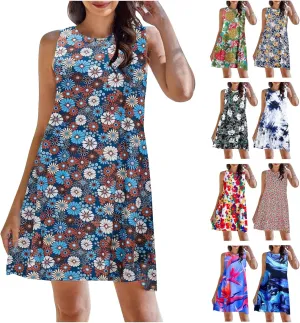 Boho Dresses for Women 2024 Summer Midi Dress Casual Spring Floral Print Tank Sleeveless Flowy Short Beach Sun Dress