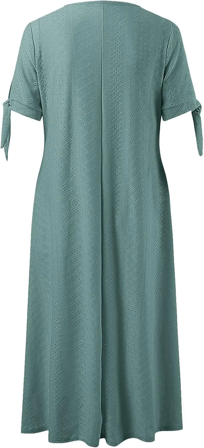 Boho Eyelet Dresses for Women Midi Length Button V Neck Tie Knot Short Sleeve Flowy A-Line Beach Vacation Dress with Pockets