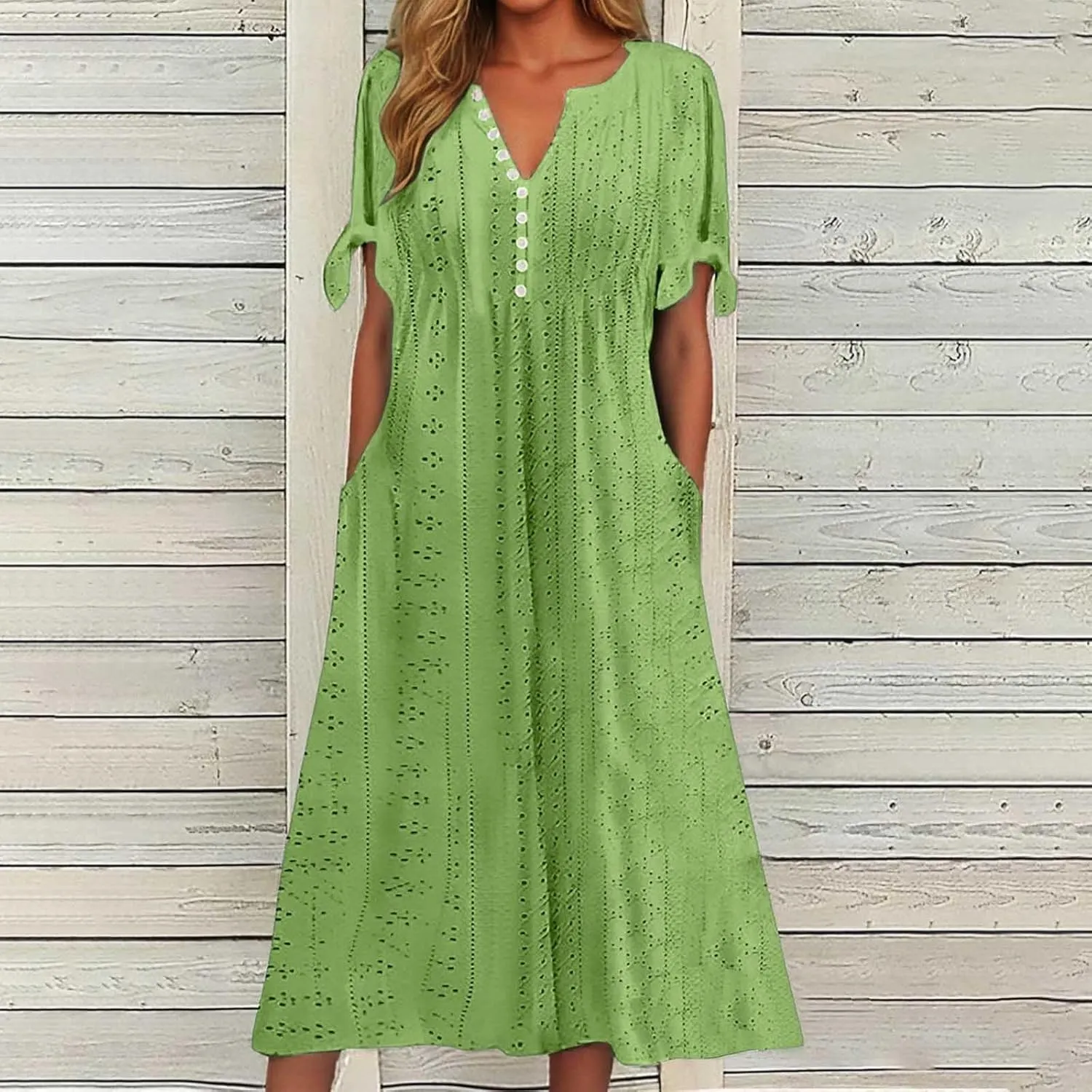Boho Eyelet Dresses for Women Midi Length Button V Neck Tie Knot Short Sleeve Flowy A-Line Beach Vacation Dress with Pockets