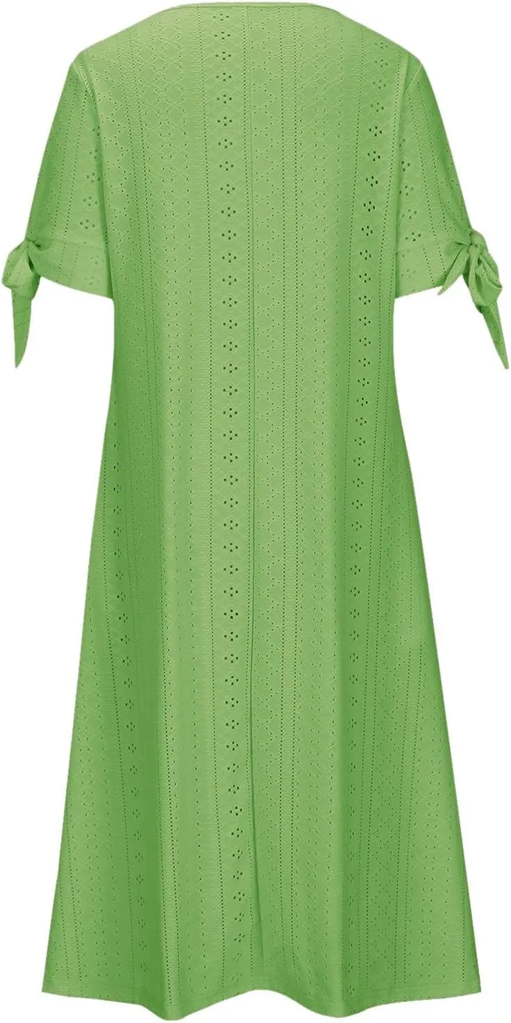 Boho Eyelet Dresses for Women Midi Length Button V Neck Tie Knot Short Sleeve Flowy A-Line Beach Vacation Dress with Pockets