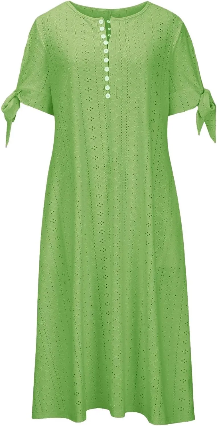 Boho Eyelet Dresses for Women Midi Length Button V Neck Tie Knot Short Sleeve Flowy A-Line Beach Vacation Dress with Pockets