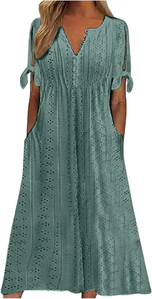 Boho Eyelet Dresses for Women Midi Length Button V Neck Tie Knot Short Sleeve Flowy A-Line Beach Vacation Dress with Pockets