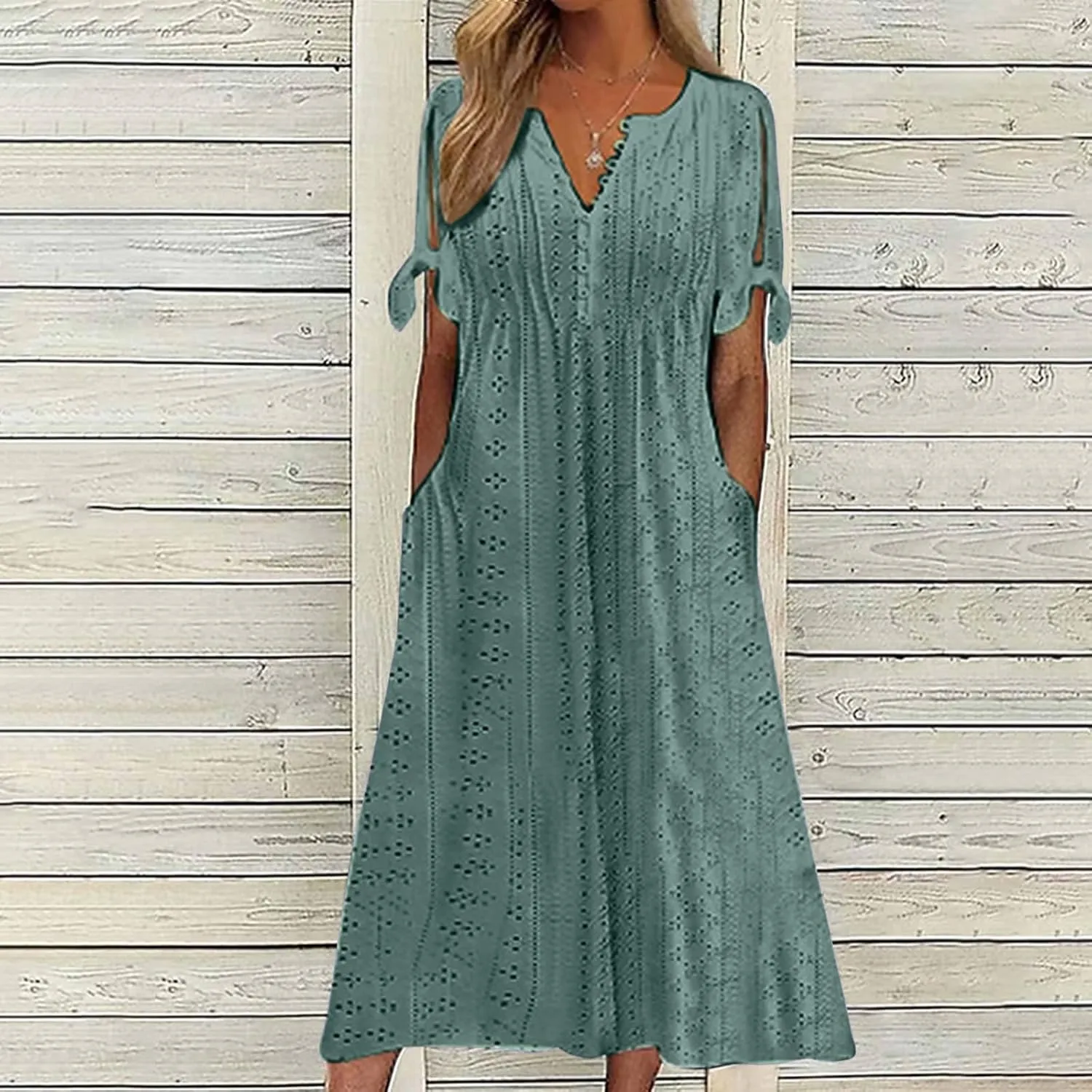 Boho Eyelet Dresses for Women Midi Length Button V Neck Tie Knot Short Sleeve Flowy A-Line Beach Vacation Dress with Pockets