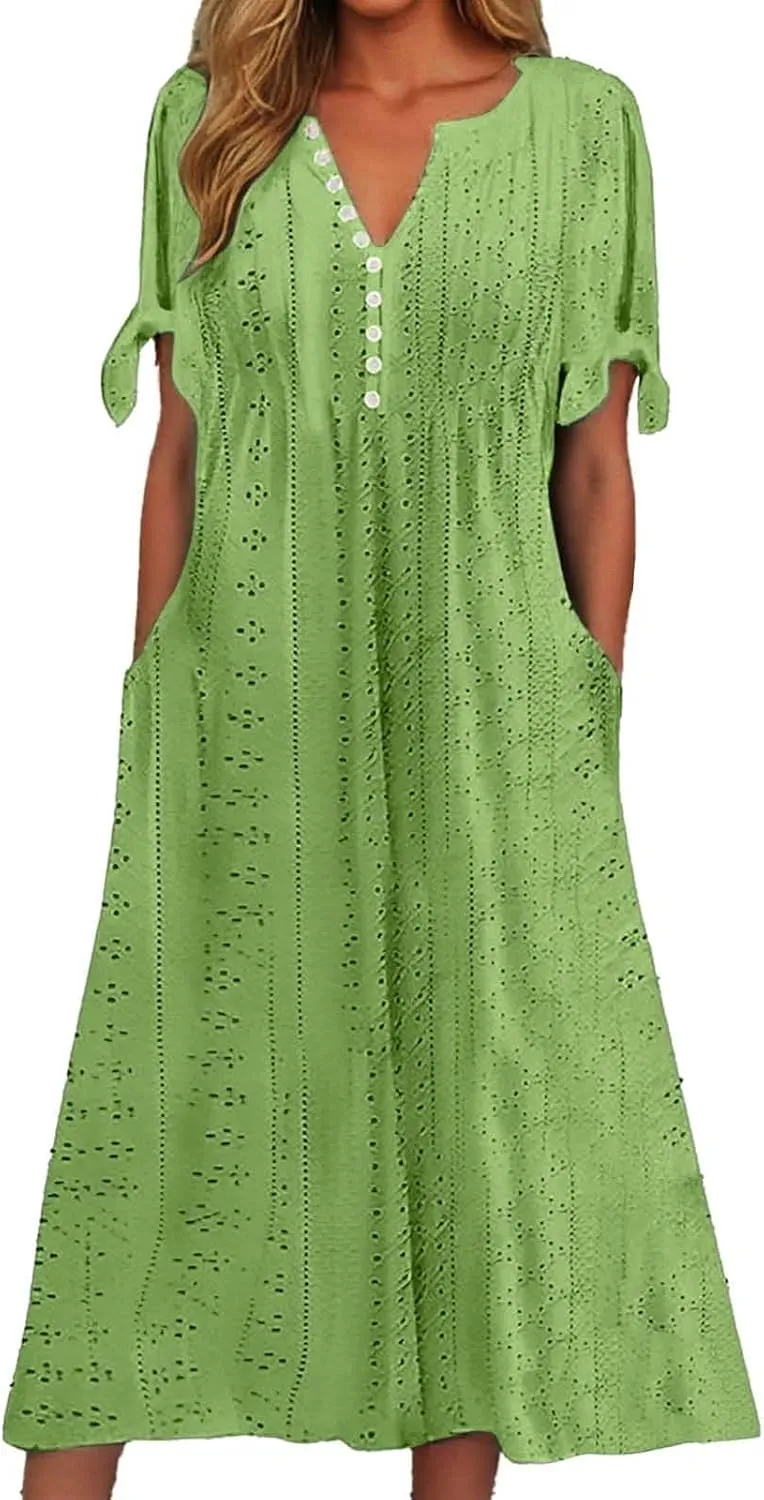 Boho Eyelet Dresses for Women Midi Length Button V Neck Tie Knot Short Sleeve Flowy A-Line Beach Vacation Dress with Pockets