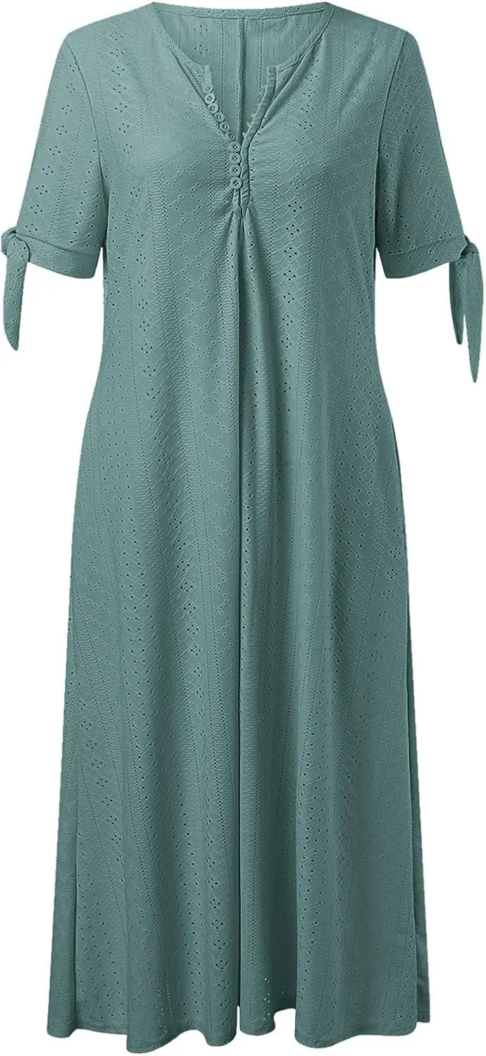 Boho Eyelet Dresses for Women Midi Length Button V Neck Tie Knot Short Sleeve Flowy A-Line Beach Vacation Dress with Pockets