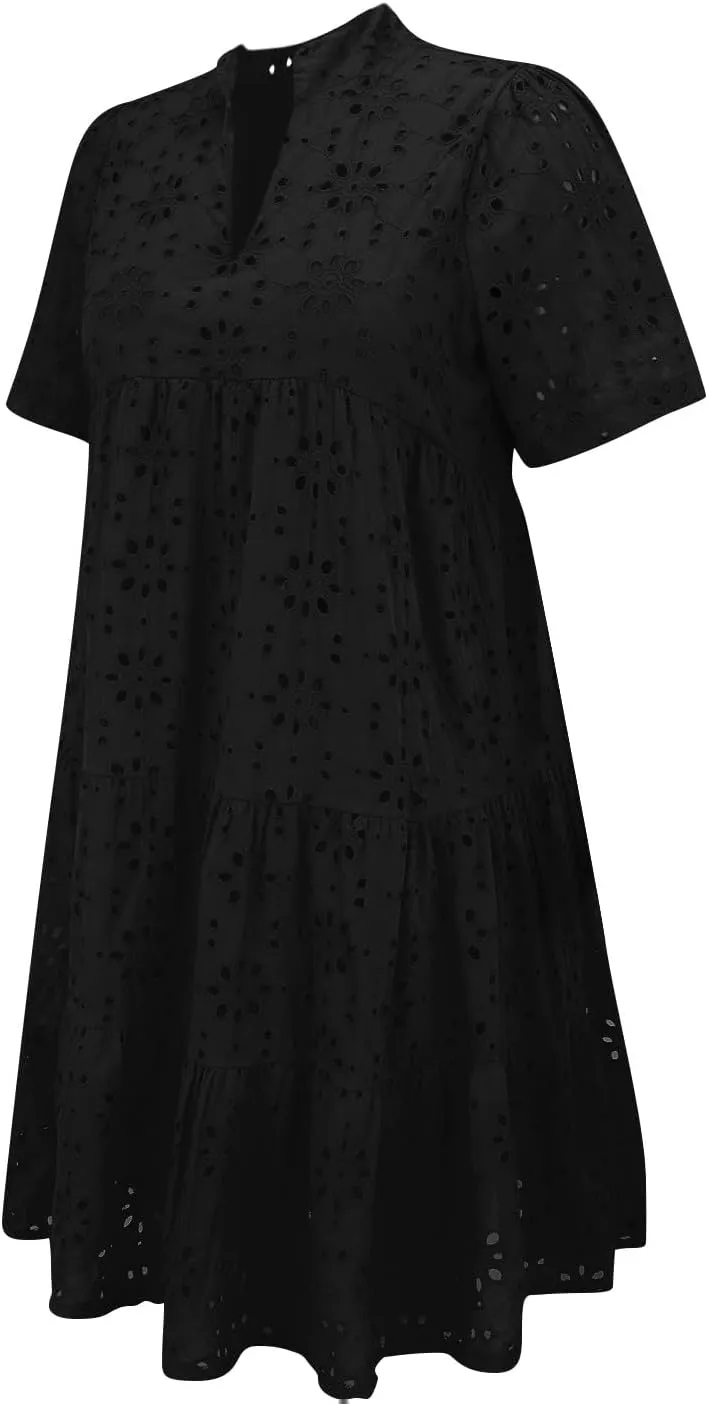 Boho Summer Dresses for Women 2025 Resort V Neck Short Sleeve Hollow Out Lace Ruffle Casual Beach Mini Vacation Dress