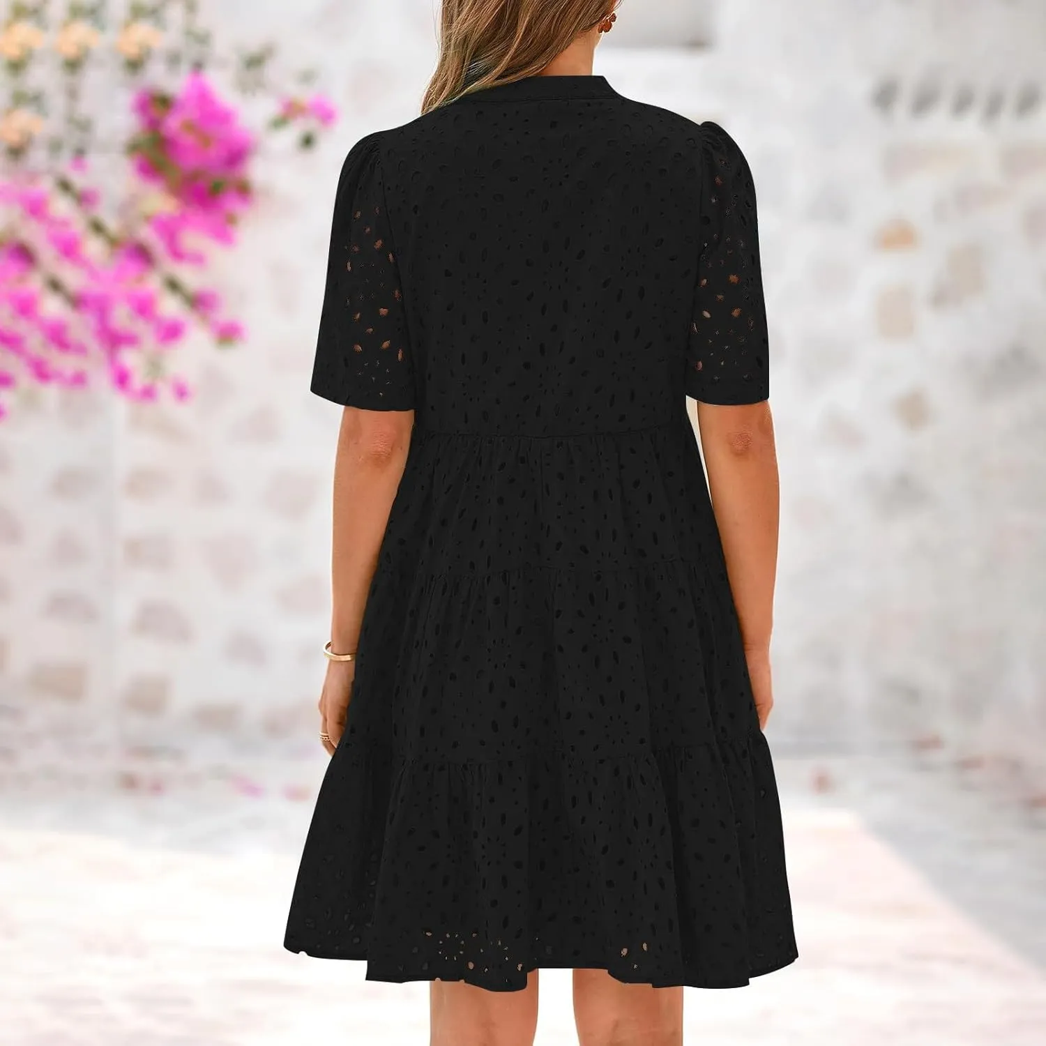 Boho Summer Dresses for Women 2025 Resort V Neck Short Sleeve Hollow Out Lace Ruffle Casual Beach Mini Vacation Dress