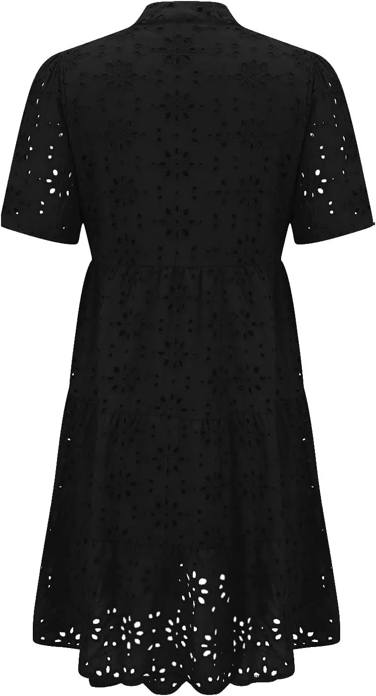 Boho Summer Dresses for Women 2025 Resort V Neck Short Sleeve Hollow Out Lace Ruffle Casual Beach Mini Vacation Dress