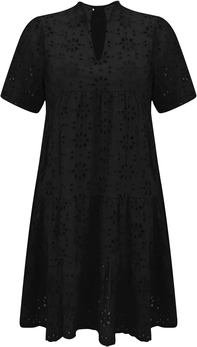 Boho Summer Dresses for Women 2025 Resort V Neck Short Sleeve Hollow Out Lace Ruffle Casual Beach Mini Vacation Dress