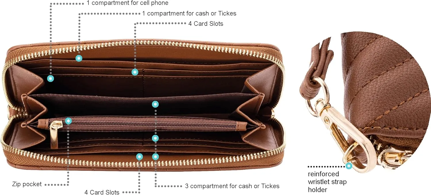Brentano Vegan Leather Slim Single-Zipper Chevron Embroidered Wallet Clutch with Removable Wrist Strap (BROWN)