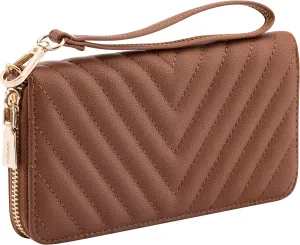Brentano Vegan Leather Slim Single-Zipper Chevron Embroidered Wallet Clutch with Removable Wrist Strap (BROWN)