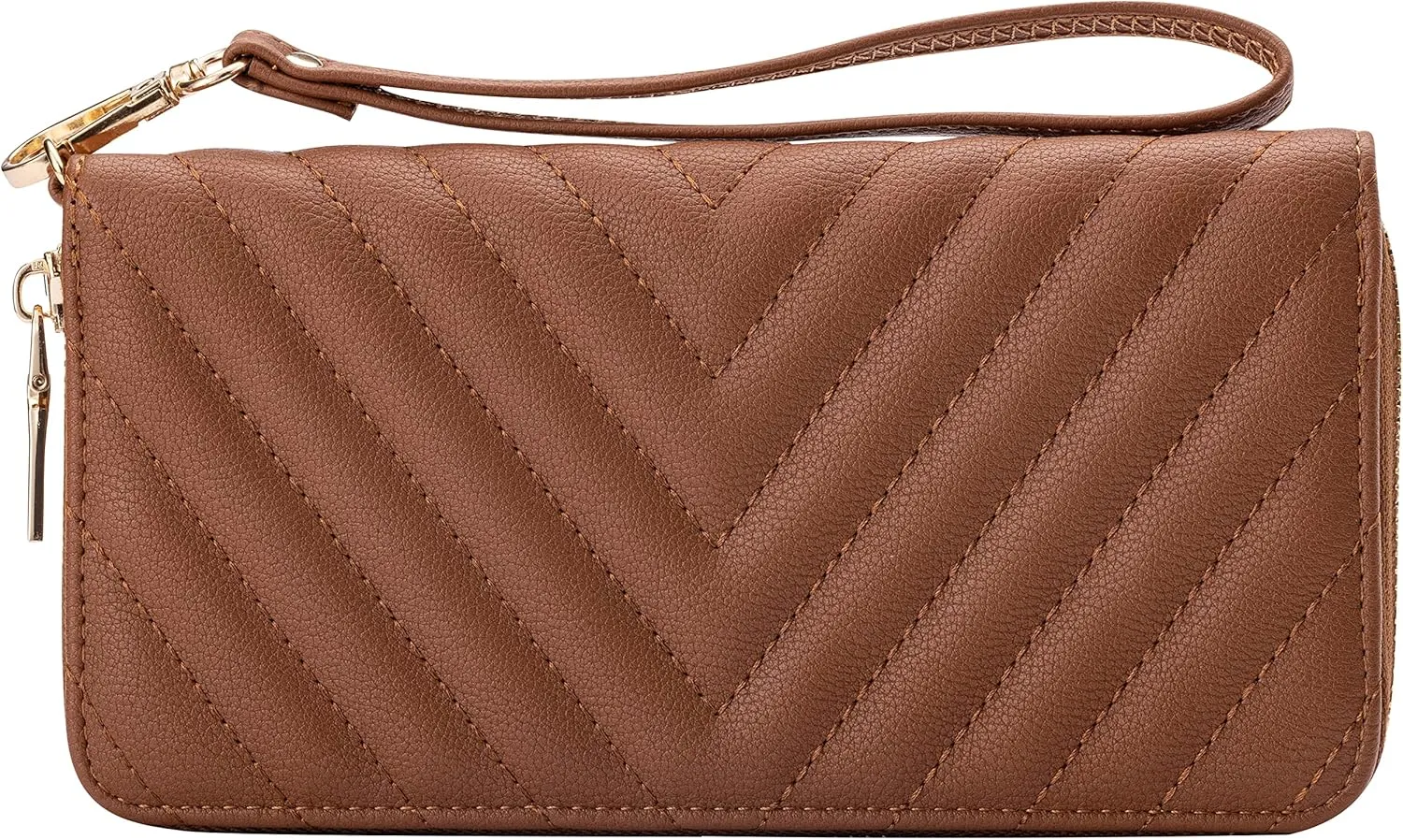 Brentano Vegan Leather Slim Single-Zipper Chevron Embroidered Wallet Clutch with Removable Wrist Strap (BROWN)