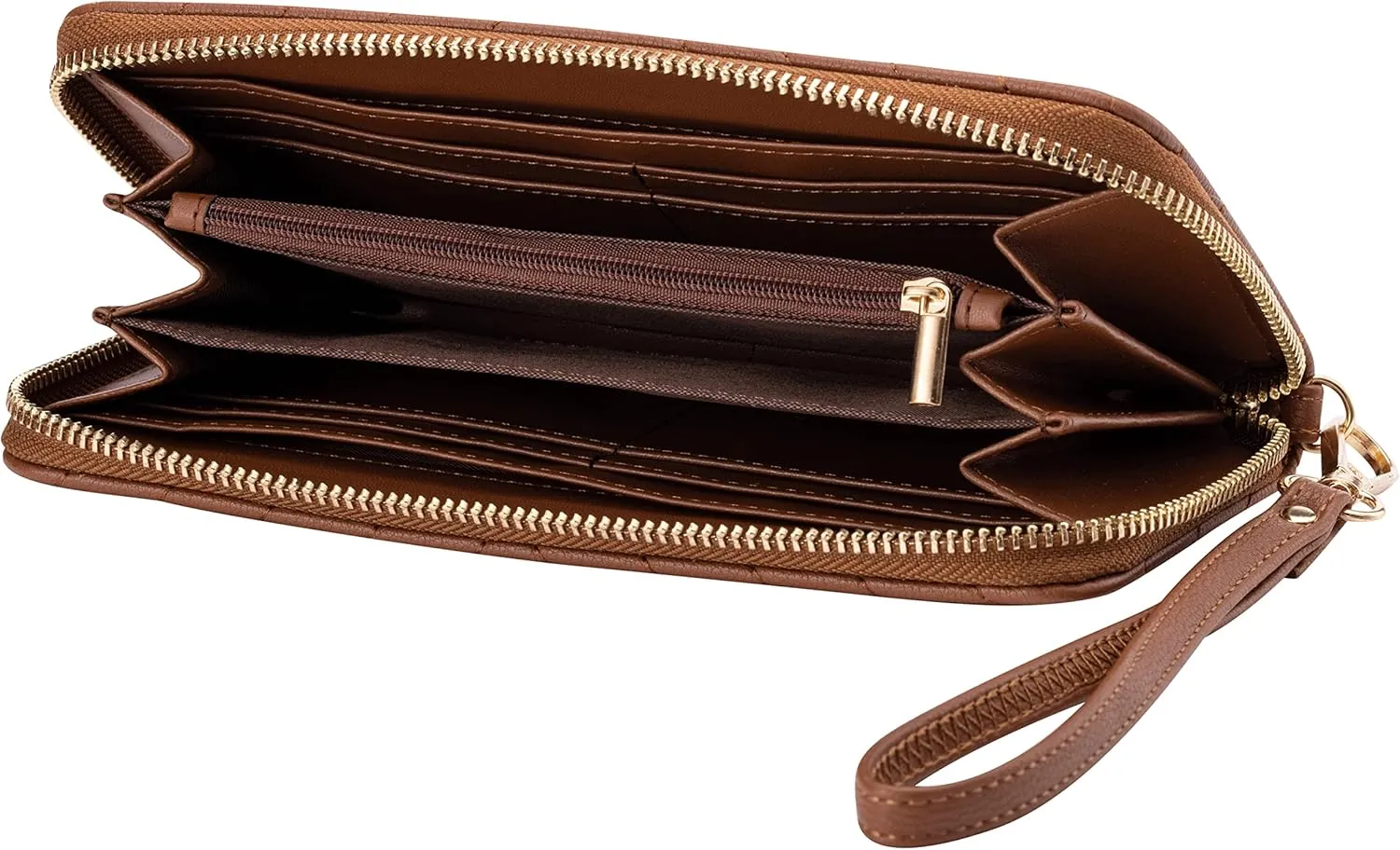 Brentano Vegan Leather Slim Single-Zipper Chevron Embroidered Wallet Clutch with Removable Wrist Strap (BROWN)
