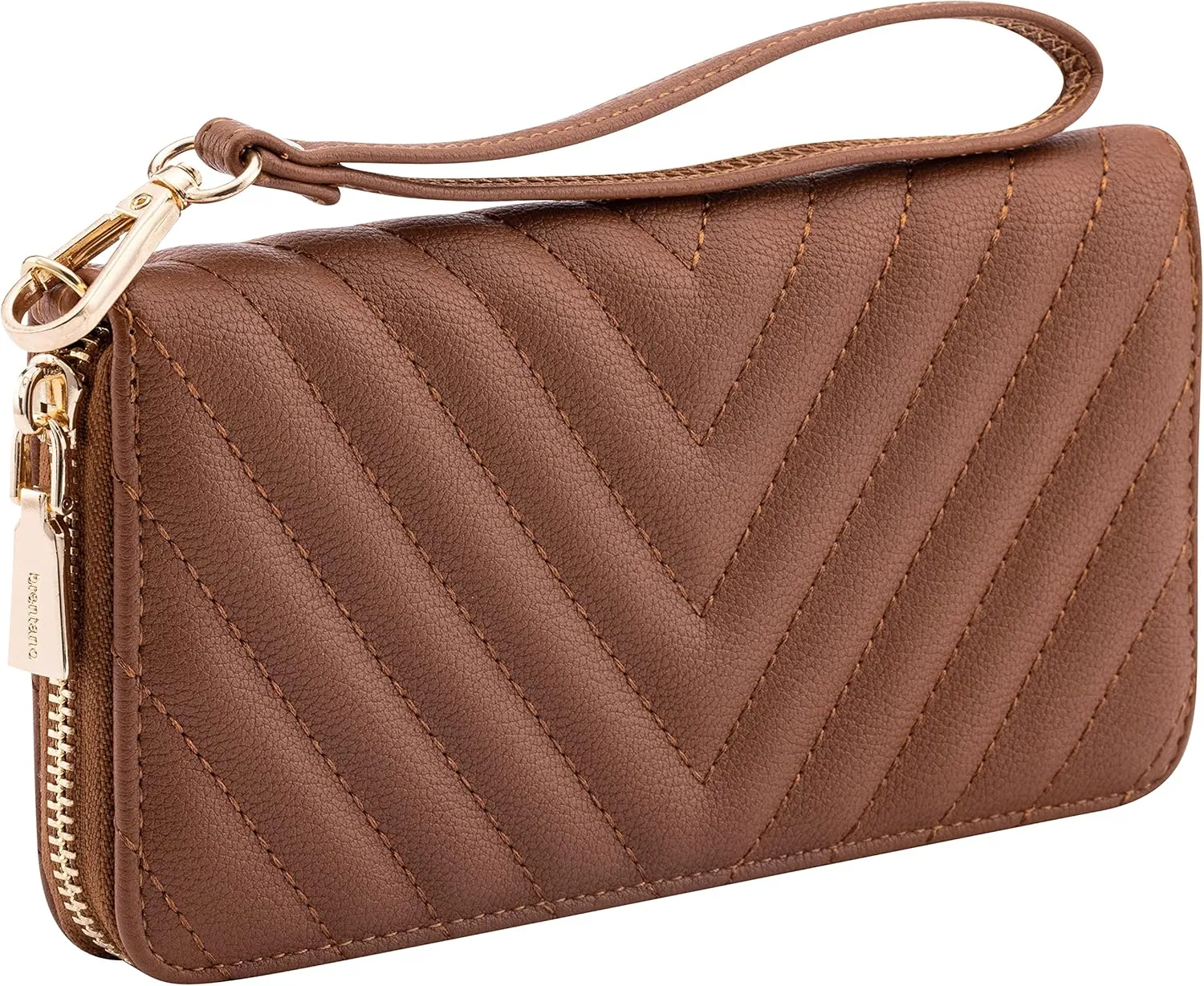 Brentano Vegan Leather Slim Single-Zipper Chevron Embroidered Wallet Clutch with Removable Wrist Strap (BROWN)