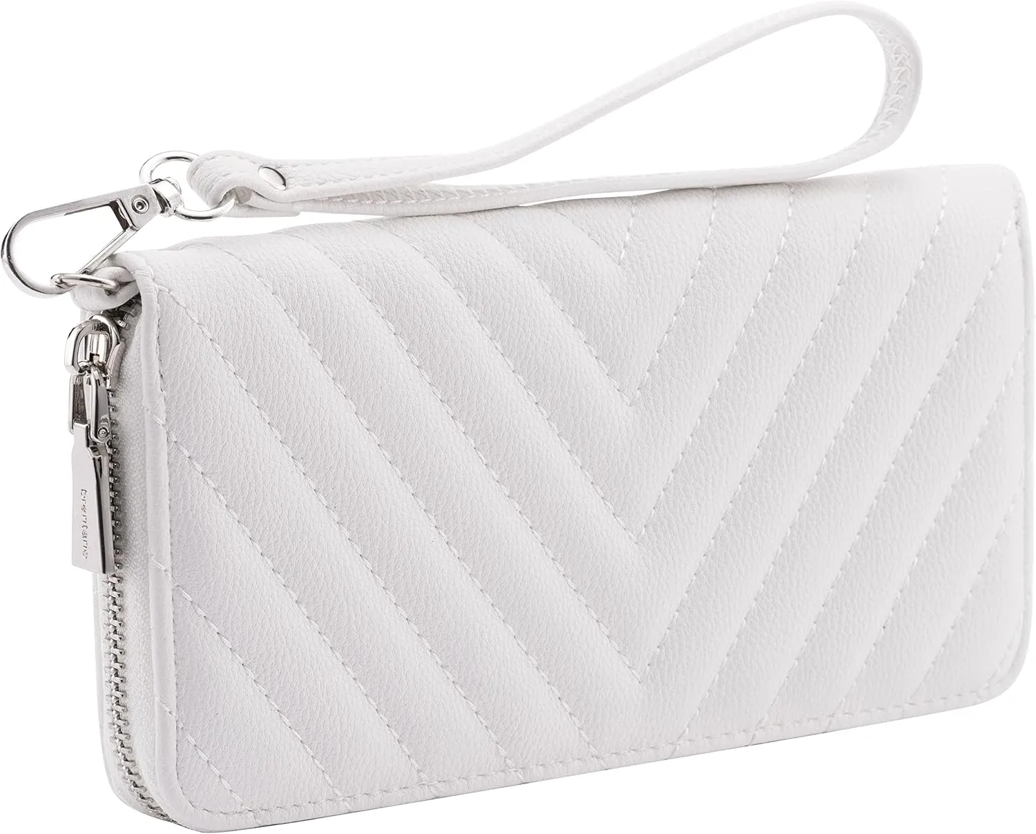 Brentano Vegan Leather Slim Single-Zipper Chevron Embroidered Wallet Clutch with Removable Wrist Strap (WHITE)