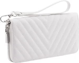 Brentano Vegan Leather Slim Single-Zipper Chevron Embroidered Wallet Clutch with Removable Wrist Strap (WHITE)