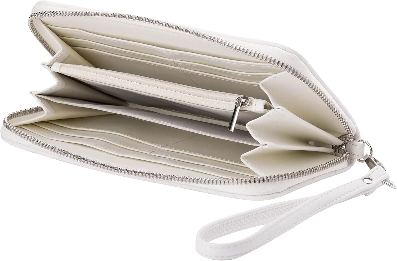 Brentano Vegan Leather Slim Single-Zipper Chevron Embroidered Wallet Clutch with Removable Wrist Strap (WHITE)