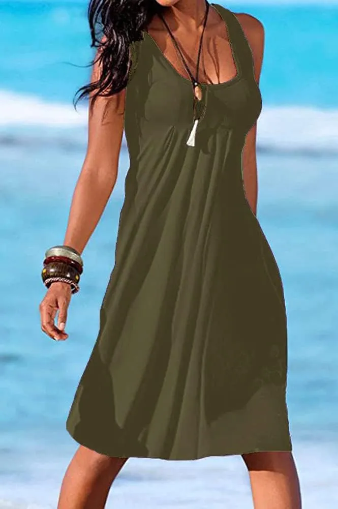 Camisunny Women Casual Loose Tank Dresses Sleeveless Beach Vacation Dress Swing Pleated U Neck Fashion Soft