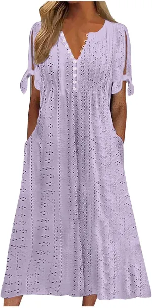 Casual Maxi Dresses for Women 2025 Summer Short Sleeve V Neck Hollow Out Eyelet Flowy Beach Vacation Boho Sundresses