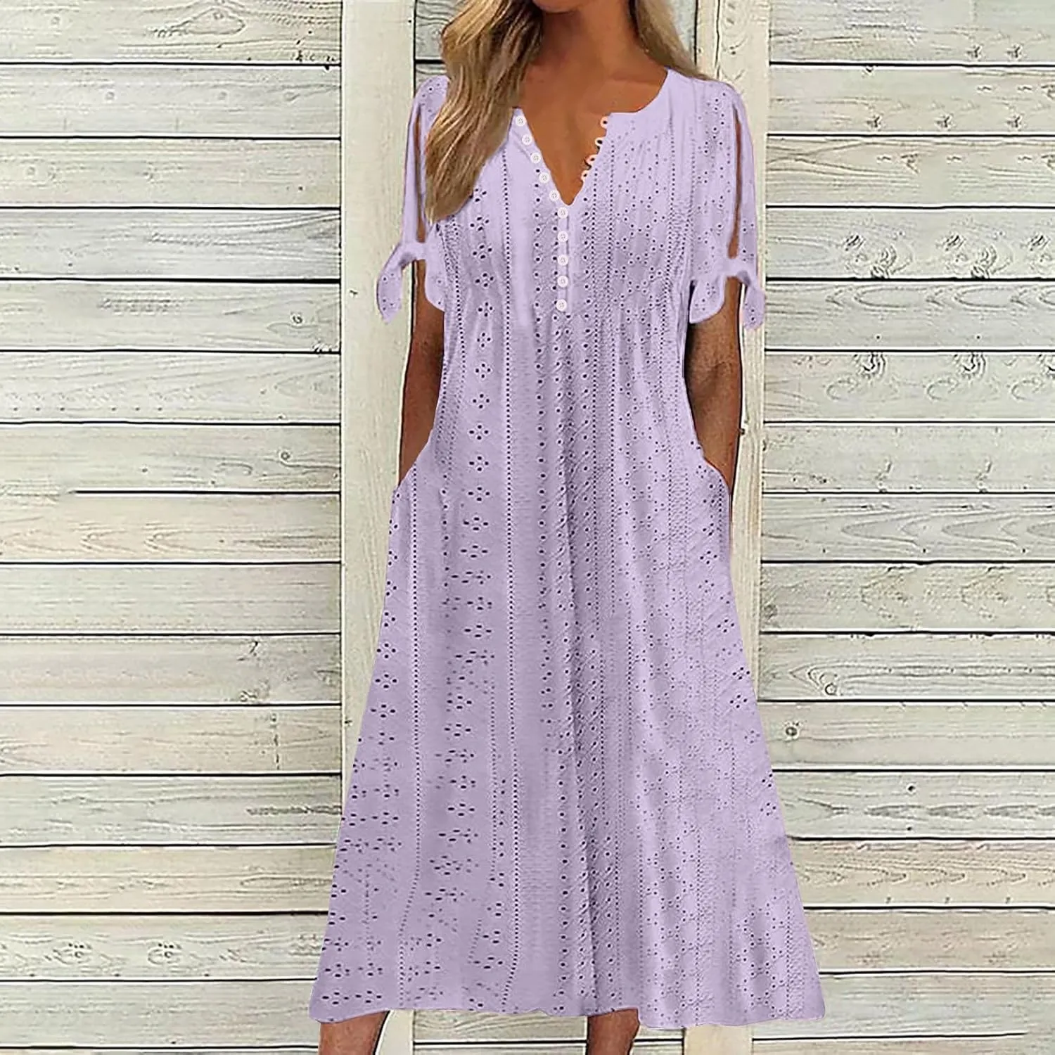 Casual Maxi Dresses for Women 2025 Summer Short Sleeve V Neck Hollow Out Eyelet Flowy Beach Vacation Boho Sundresses