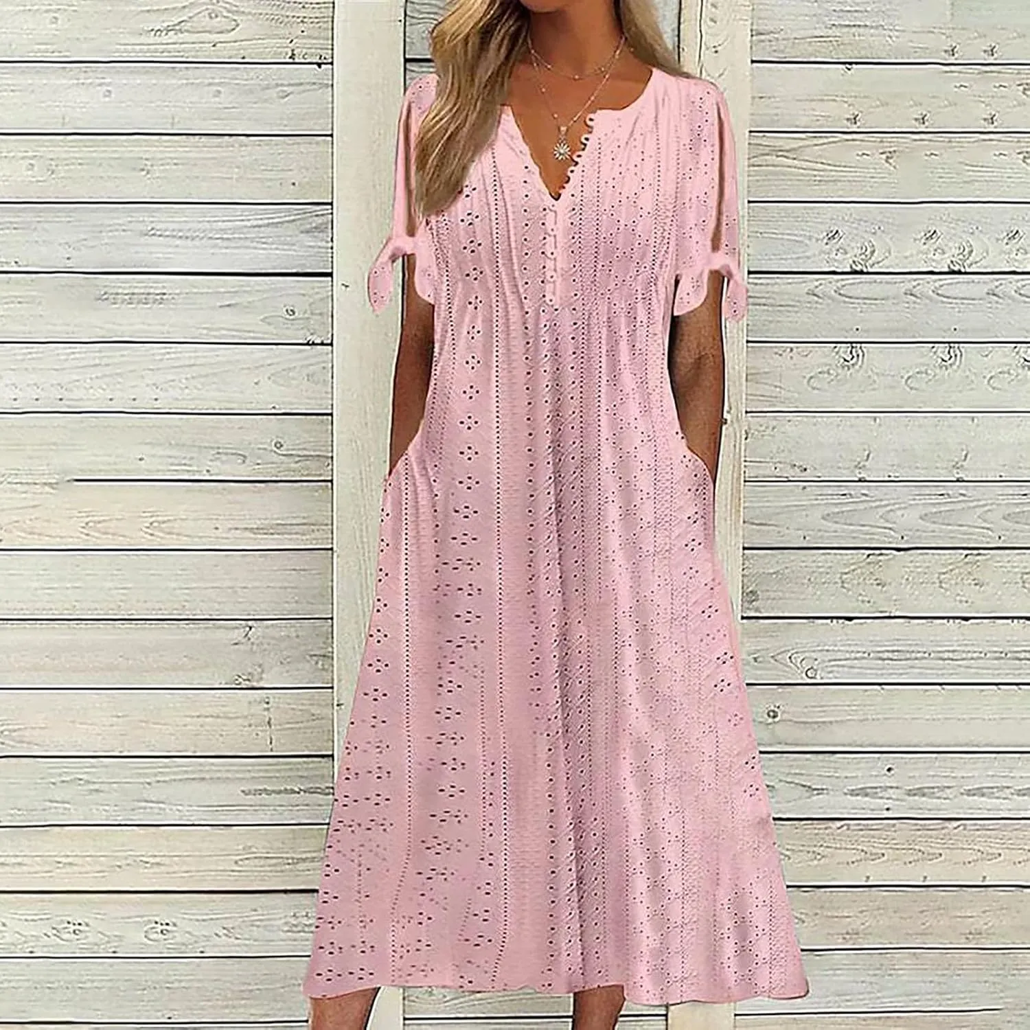 Casual Maxi Dresses for Women 2025 Summer Short Sleeve V Neck Hollow Out Eyelet Flowy Beach Vacation Boho Sundresses
