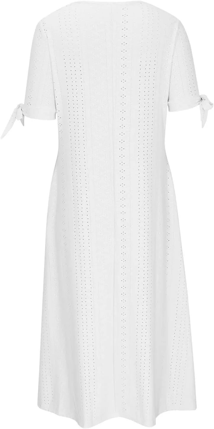 Casual Maxi Dresses for Women 2025 Summer Short Sleeve V Neck Hollow Out Eyelet Flowy Beach Vacation Boho Sundresses