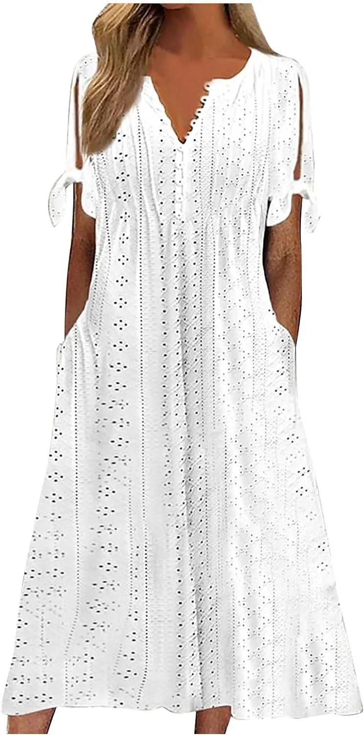 Casual Maxi Dresses for Women 2025 Summer Short Sleeve V Neck Hollow Out Eyelet Flowy Beach Vacation Boho Sundresses