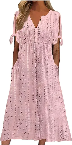 Casual Maxi Dresses for Women 2025 Summer Short Sleeve V Neck Hollow Out Eyelet Flowy Beach Vacation Boho Sundresses