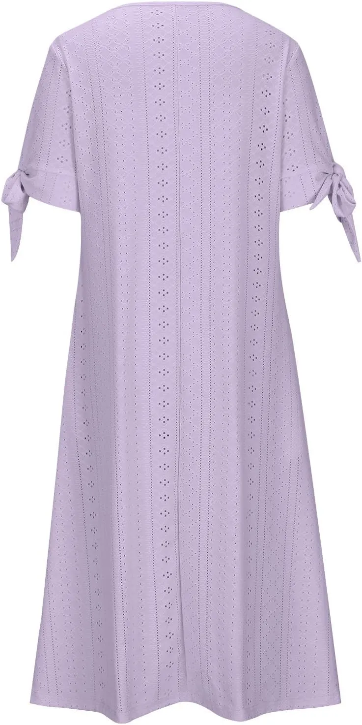 Casual Maxi Dresses for Women 2025 Summer Short Sleeve V Neck Hollow Out Eyelet Flowy Beach Vacation Boho Sundresses