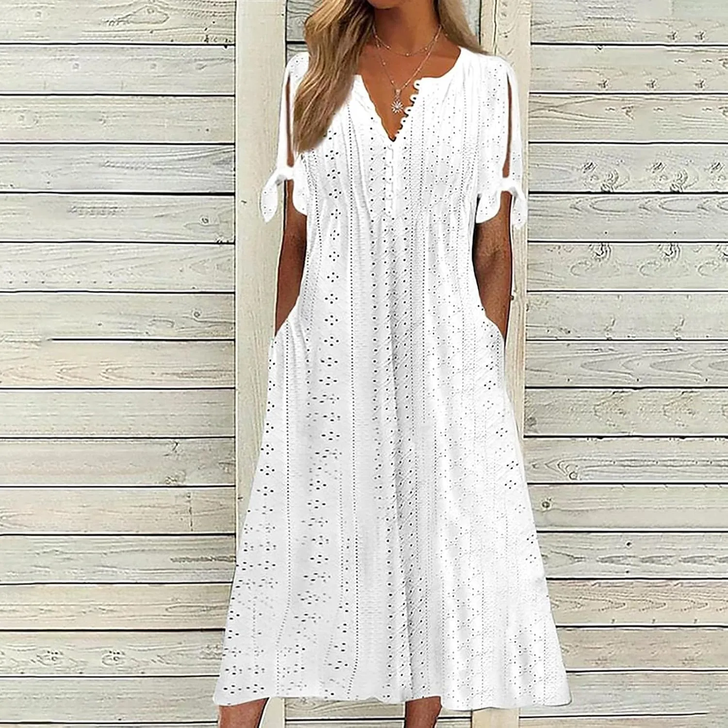 Casual Maxi Dresses for Women 2025 Summer Short Sleeve V Neck Hollow Out Eyelet Flowy Beach Vacation Boho Sundresses